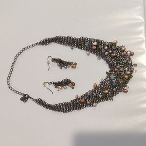 Pearl rhinestone statement collar necklace matching earrings